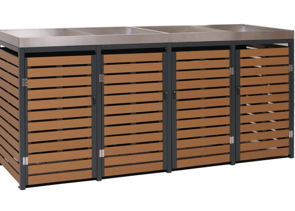 4er Mülltonnenverkleidung -K14, Mülltonnenbox mit Pflanzkasten, 124x265x84cm WPC Edelstahl 132kg ~ Teak-Optik ^ MCW Best