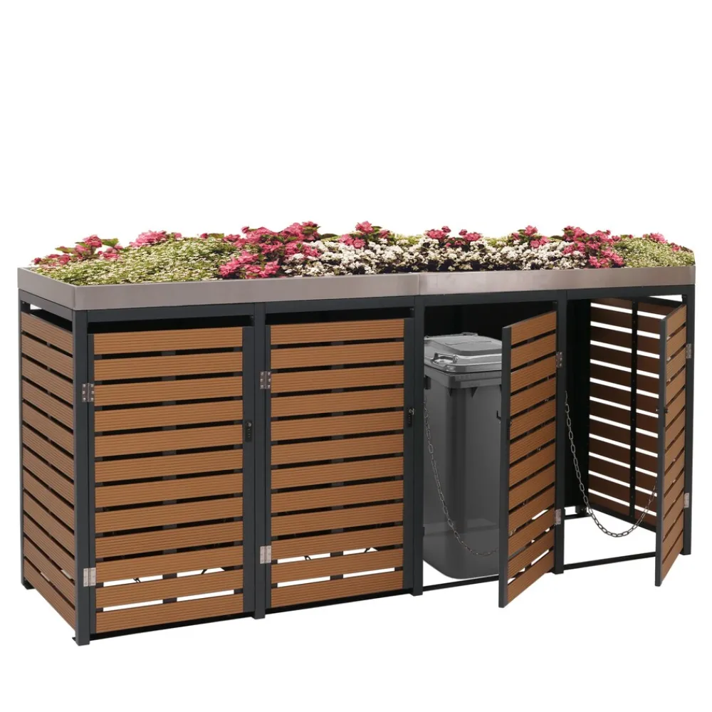4er Mülltonnenverkleidung -K14, Mülltonnenbox mit Pflanzkasten, 124x265x84cm WPC Edelstahl 132kg ~ Teak-Optik ^ MCW Best
