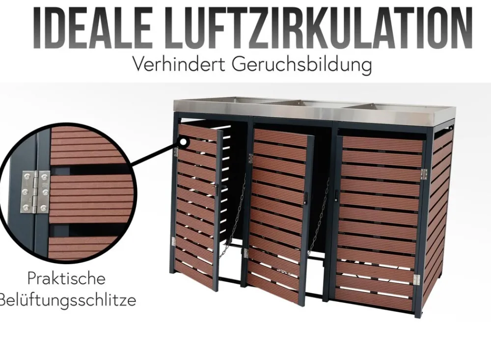 4er Mülltonnenverkleidung -K14, Mülltonnenbox mit Pflanzkasten, 124x265x84cm WPC Edelstahl 132kg ~ Teak-Optik ^ MCW Best