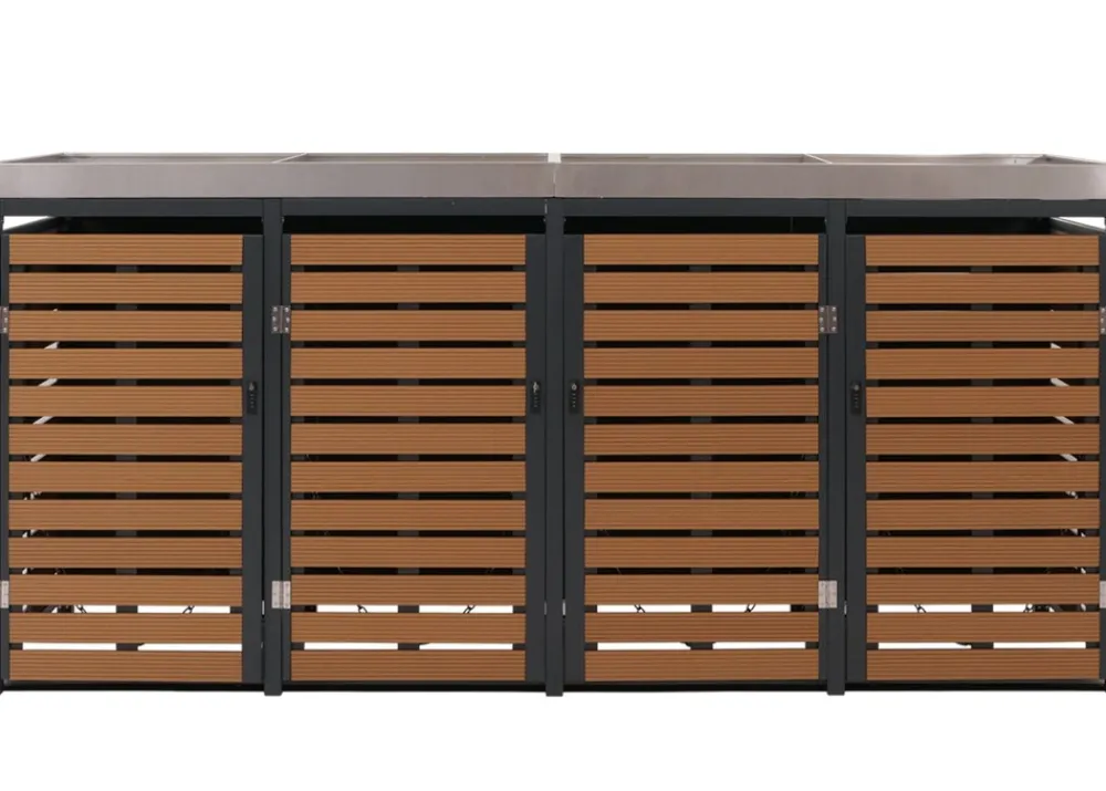 4er Mülltonnenverkleidung -K14, Mülltonnenbox mit Pflanzkasten, 124x265x84cm WPC Edelstahl 132kg ~ Teak-Optik ^ MCW Best