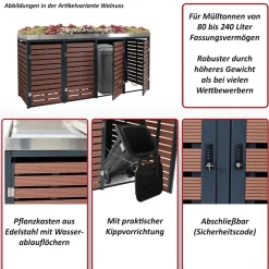 4er Mülltonnenverkleidung -K14, Mülltonnenbox mit Pflanzkasten, 124x265x84cm WPC Edelstahl 132kg ~ Teak-Optik ^ MCW Best