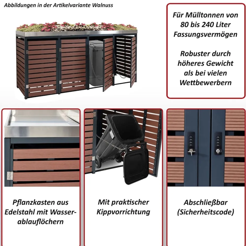 4er Mülltonnenverkleidung -K14, Mülltonnenbox mit Pflanzkasten, 124x265x84cm WPC Edelstahl 132kg ~ Teak-Optik ^ MCW Best