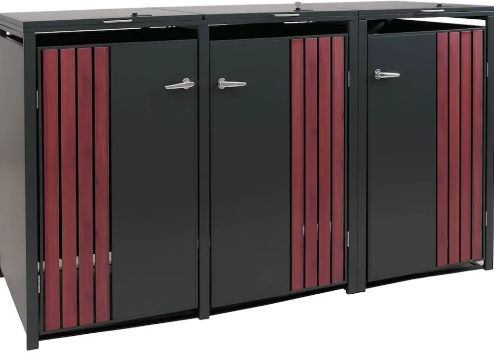 3er-Mülltonnenverkleidung -O67, Mülltonnenbox mit Deckel, Metall 122x200x84cm 83kg ~ anthrazit Holzoptik dunkel ^ MCW Online