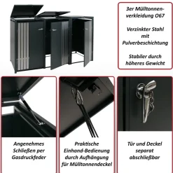 3er-Mülltonnenverkleidung -O67, Mülltonnenbox mit Deckel, Metall 122x200x84cm 83kg ~ anthrazit Holzoptik dunkel ^ MCW Online