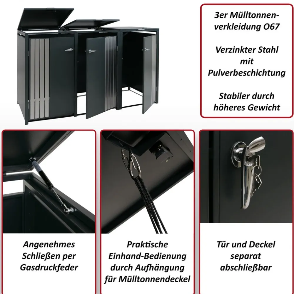 3er-Mülltonnenverkleidung -O67, Mülltonnenbox mit Deckel, Metall 122x200x84cm 83kg ~ anthrazit Holzoptik dunkel ^ MCW Online