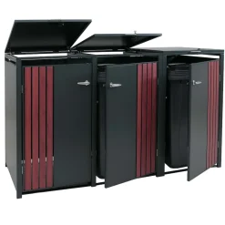 3er-Mülltonnenverkleidung -O67, Mülltonnenbox mit Deckel, Metall 122x200x84cm 83kg ~ anthrazit Holzoptik dunkel ^ MCW Online