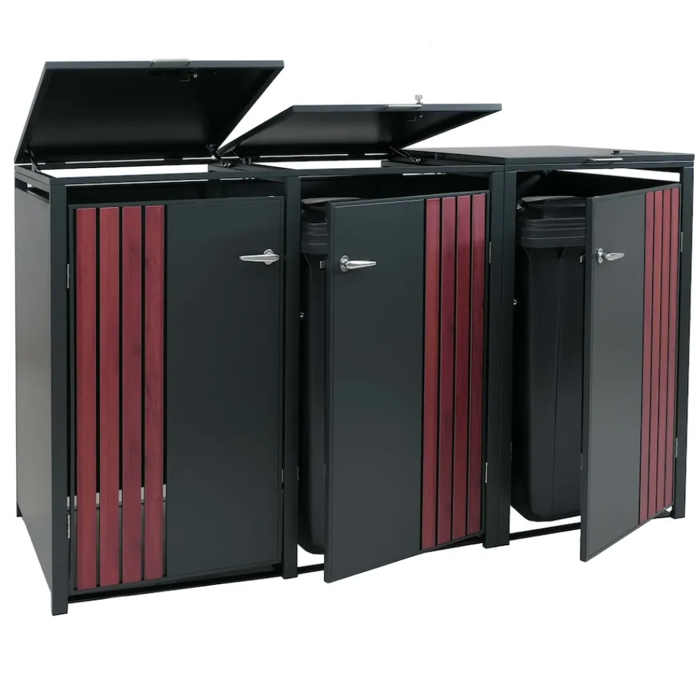 3er-Mülltonnenverkleidung -O67, Mülltonnenbox mit Deckel, Metall 122x200x84cm 83kg ~ anthrazit Holzoptik dunkel ^ MCW Online