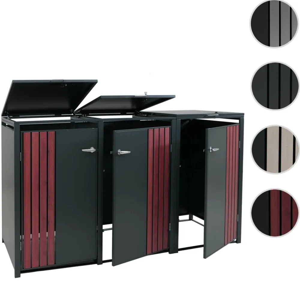 3er-Mülltonnenverkleidung -O67, Mülltonnenbox mit Deckel, Metall 122x200x84cm 83kg ~ anthrazit Holzoptik dunkel ^ MCW Online