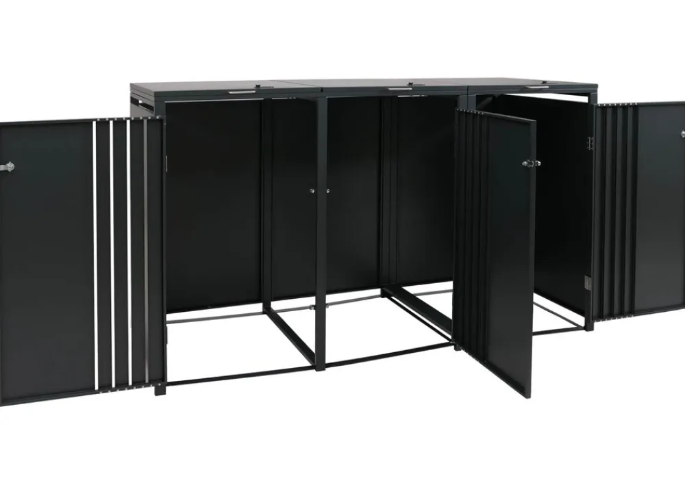 3er-Mülltonnenverkleidung -O67, Mülltonnenbox mit Deckel, Metall 122x200x84cm 83kg ~ anthrazit Holzoptik dunkel ^ MCW Online