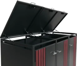3er-Mülltonnenverkleidung -O67, Mülltonnenbox mit Deckel, Metall 122x200x84cm 83kg ~ anthrazit Holzoptik dunkel ^ MCW Online