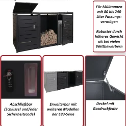 2er Mülltonnenverkleidung mit Brennholzregal -E83, Mülltonnenbox, erweiterbar 117x198x82cm 80kg~ anthrazit, Stahl ^ MCW New