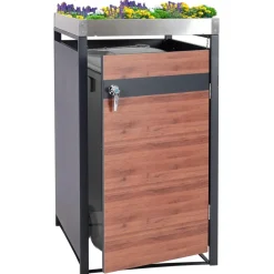 1er Mülltonnenverkleidung mit Pflanzkasten -J82, erweiterbar, Metall 37kg, anthrazit ~ Kirsche-Holzoptik dunkelbraun ^ MCW Best
