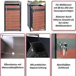 1er Mülltonnenverkleidung mit Pflanzkasten -J82, erweiterbar, Metall 37kg, anthrazit ~ Kirsche-Holzoptik dunkelbraun ^ MCW Best