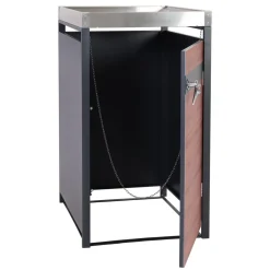 1er Mülltonnenverkleidung mit Pflanzkasten -J82, erweiterbar, Metall 37kg, anthrazit ~ Kirsche-Holzoptik dunkelbraun ^ MCW Best