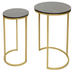 2er-Set Beistelltisch -K46, Kaffeetisch Nachttisch Loungetisch, Marmor-Optik MDF ~ schwarz-gold ^ MCW Clearance
