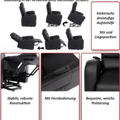 Fernsehsessel -K62, Sessel Relaxsessel TV-Sessel Liege, Liegefunktion Aufstehhilfe, Metall Kunstleder ~ schwarz ^ MCW Best
