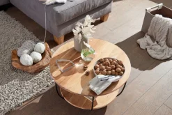 Couchtisch Akazie Massivholz rund 60cm Wohnzimmertisch Ablage Industrial ^ Finebuy Hot