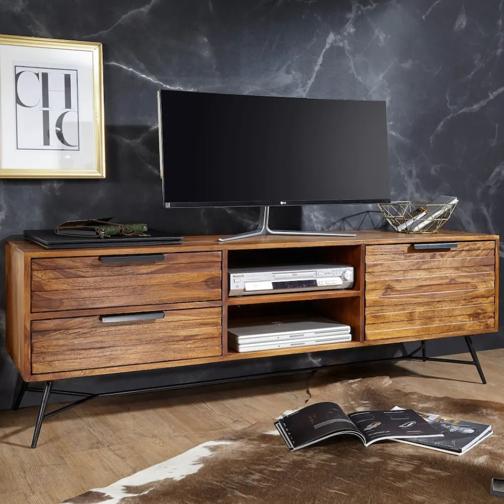 Lowboard Sheesham Massiv Holz Hifi Board Fernsehschrank Wohnzimmer ^ Finebuy Hot