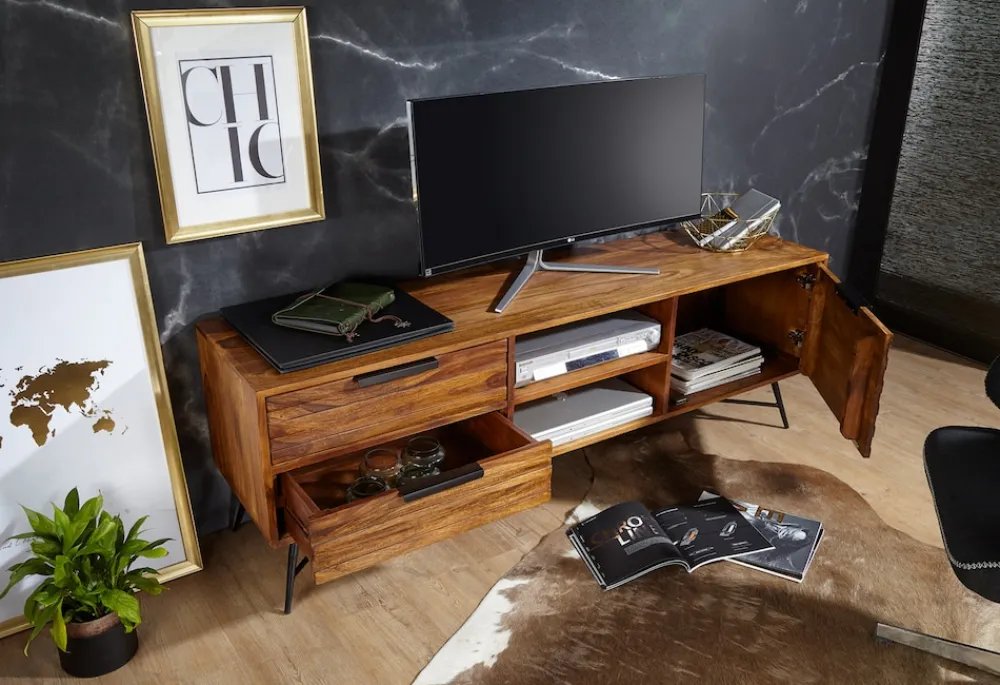 Lowboard Sheesham Massiv Holz Hifi Board Fernsehschrank Wohnzimmer ^ Finebuy Hot