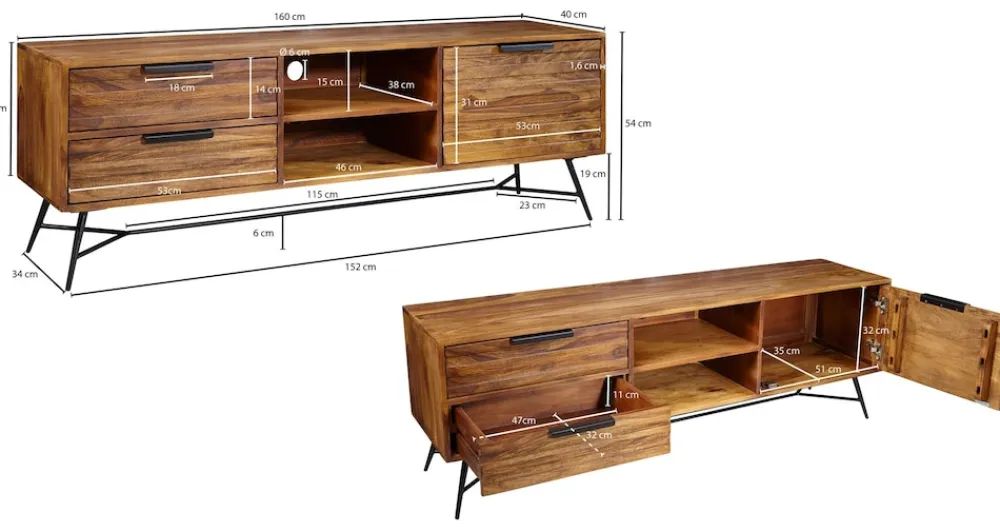 Lowboard Sheesham Massiv Holz Hifi Board Fernsehschrank Wohnzimmer ^ Finebuy Hot