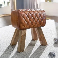 Sitzhocker Echtleder 40x48x27 cm Fußhocker Lederhocker Massivholz Braun ^ Finebuy Sale
