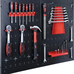 floordirekt Werkzeugwand | Parker | Lochwand Set aus Metall mit Zubehör Schwarz / Rot - 2 Platten Set New