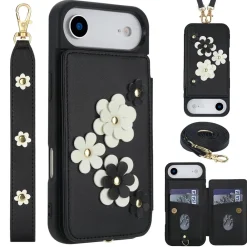Für Apple iPhone 17 Air Crossbody Kunstleder Blumen Hülle Schwarz ^ Wigento Online