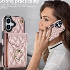 Für Apple iPhone 17 Crossbody Kunstleder Rhombic Hülle Rose Gold ^ Wigento Best
