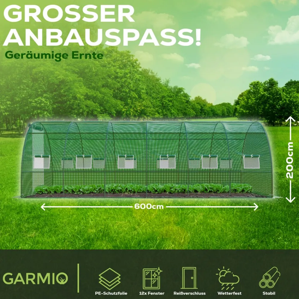 ® Foliengewächshaus CARINI, Tomatenzelt, winterfest, 6x3x2m, Frühbeet, Pflanzenhaus, Gemüse und Obst, Hochbeet ^ GARMIO Outlet