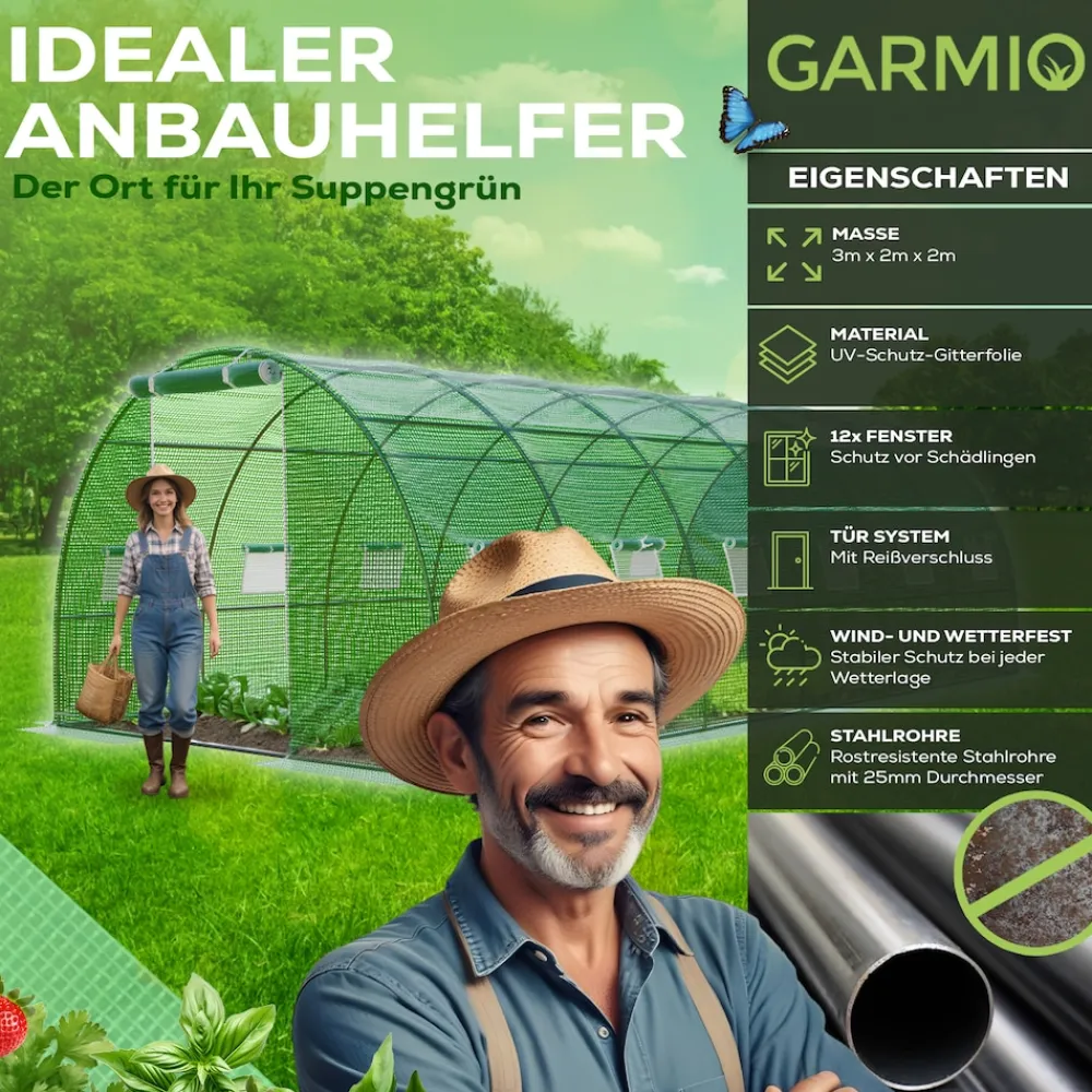 ® Foliengewächshaus CARINI, Tomatenzelt, winterfest, 6x3x2m, Frühbeet, Pflanzenhaus, Gemüse und Obst, Hochbeet ^ GARMIO Outlet