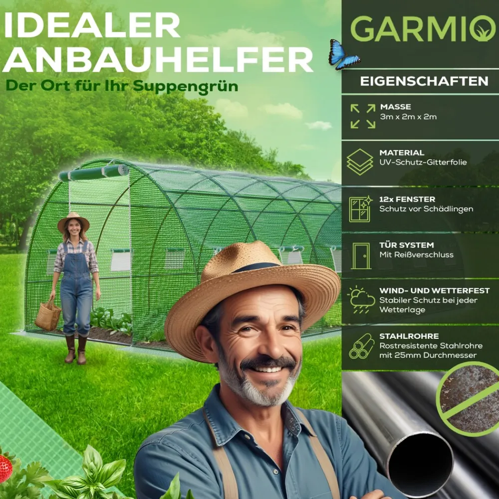 ® Foliengewächshaus CARINI, Tomatenzelt, winterfest, 6x3x2m, Frühbeet, Pflanzenhaus, Gemüse und Obst, Hochbeet ^ GARMIO Outlet