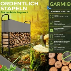 GARMIO ® Kaminholzregal Metall Brennholzregal Kaminholzunterstand mit Abdeckung Stapelhilfe pulverbeschichtet 130x30x117cm Sale
