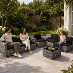 ® TURIN 8-teilig Rattan Garten-Lounge | Polyrattan Ecklounge mit Stauraum-Box & Glas-Tisch | wetterfeste Kissen, modular & flexibel ^ GARMIO New
