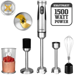40973 Powermix Professional Stabmixer-Set (Professioneller Edelstahl-Stabmixer, 1500 Watt, 5-teiliges Zubehör, extra langer plus vielseitiger Pürierstab mit titanbeschichtetem 4-fach Edelstahlmesser, Spezial-Stampfaufsatz für Kartoffeln & Gemüse ^ Gastroback Hot