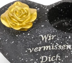 Novaliv Grabschmuck Herz Schwarz mit Rose Spruch Wir vermissen Dich Grabdeko Grabherz Wetterfest Grabdekoration Gedenkstein Teelichthalter Trauerstein Hot