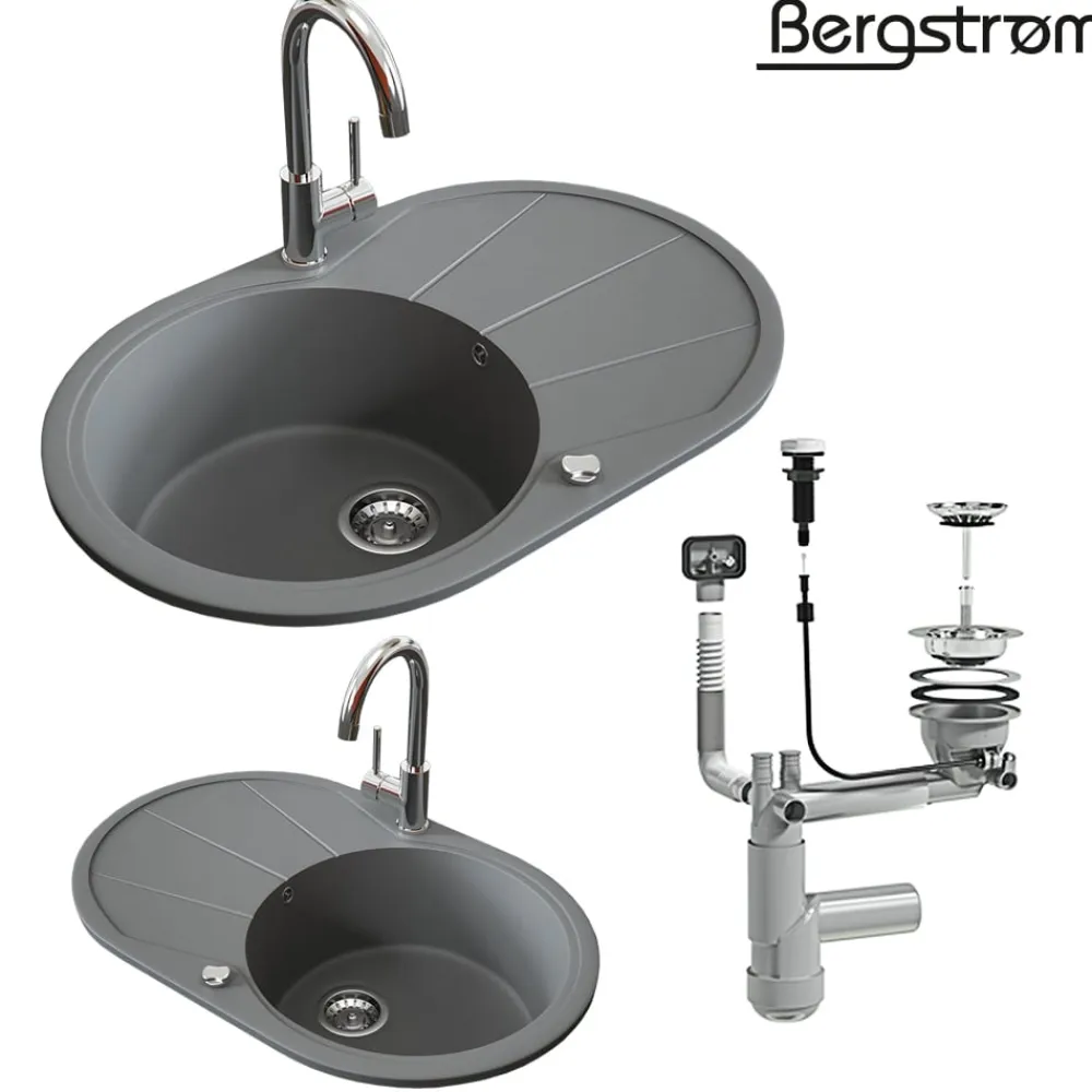 Granit Spüle Küchenspüle Einbauspüle Spülbecken+Drehexcenter+Siphon Grau ^ Bergström Outlet
