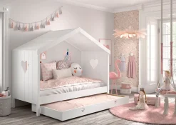 Hausbett Amori mit Liegefläche 90 x 200 cm, inkl. Rolllattenros - versch. Ausführungen - Bettschublade, Ausf. Kiefer und MDF weiß lackiert ^ vipack Online