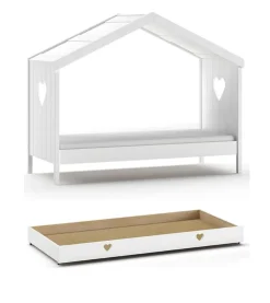 Hausbett Amori mit Liegefläche 90 x 200 cm, inkl. Rolllattenros - versch. Ausführungen - Bettschublade, Ausf. Kiefer und MDF weiß lackiert ^ vipack Online