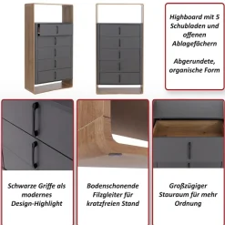 Highboard -P43, Hochschrank Sideboard Kommode, 5 Schubladen MDF 155x80x41cm ~ Rivera-Eiche-Optik, dunkelgrau ^ MCW Discount