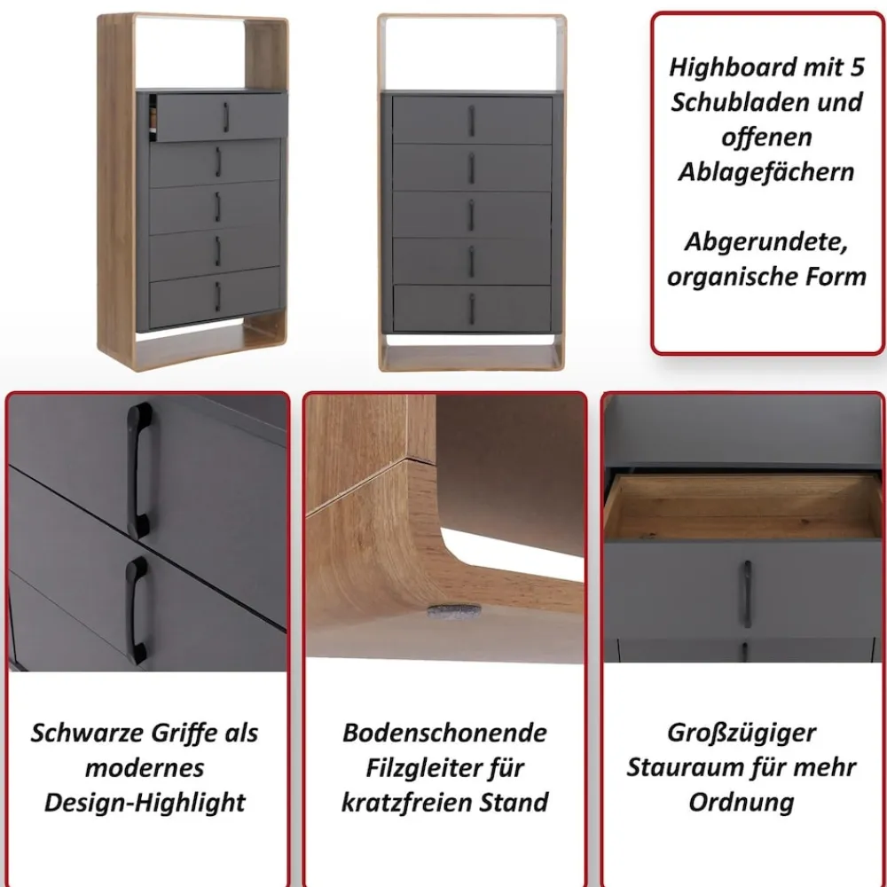 Highboard -P43, Hochschrank Sideboard Kommode, 5 Schubladen MDF 155x80x41cm ~ Rivera-Eiche-Optik, dunkelgrau ^ MCW Discount