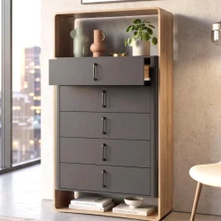 Highboard -P43, Hochschrank Sideboard Kommode, 5 Schubladen MDF 155x80x41cm ~ Rivera-Eiche-Optik, dunkelgrau ^ MCW Discount