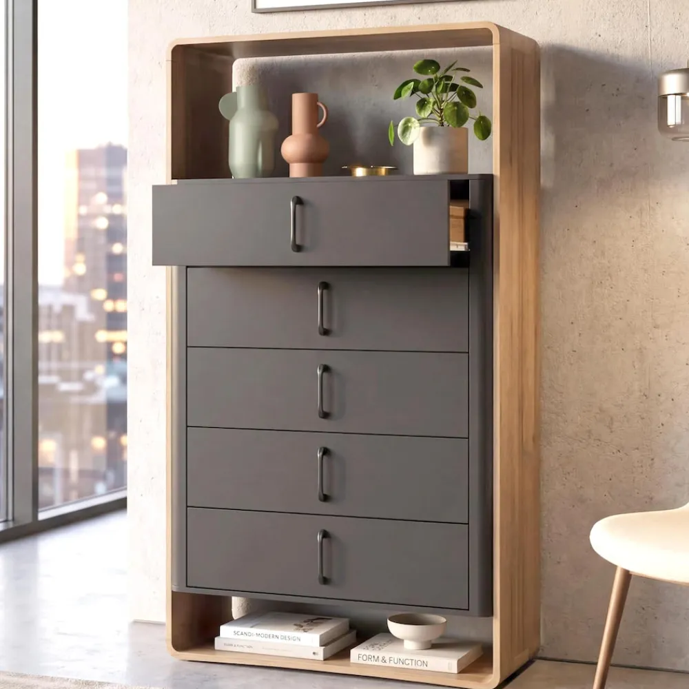 Highboard -P43, Hochschrank Sideboard Kommode, 5 Schubladen MDF 155x80x41cm ~ Rivera-Eiche-Optik, dunkelgrau ^ MCW Discount