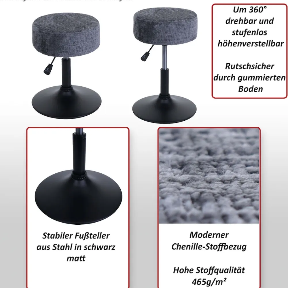 Hocker -C22, Sitzhocker Schminkhocker, höhenverstellbar drehbar Ø 37cm Stoff Chenille (465g/m²) MVG ~ bordeaux ^ MCW Clearance
