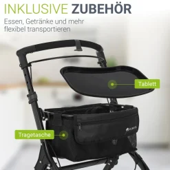 Juskys Aluminium Wohnungsrollator Aktiv - Tasche & Tablett - Rollator schmal & faltbar - Schwarz Weiß Hot