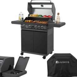 Juskys BBQ Gasgrill Savannah - 4 Brenner & 1 Seitenbrenner - Stahl Grill mit Gusseisen Grillrost Outlet