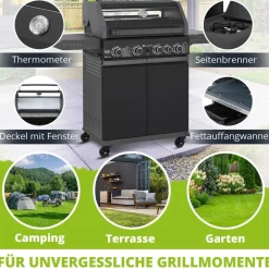Juskys BBQ Gasgrill Savannah - 4 Brenner & 1 Seitenbrenner - Stahl Grill mit Gusseisen Grillrost Outlet