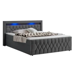 Boxspringbett Leona Samt in Grau – mit LEDs, Topper & H4-Federkern-Matratzen ^ Juskys Clearance
