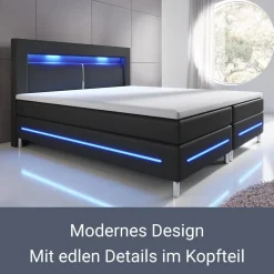 Juskys Boxspringbett Norfolk – LED Beleuchtung, Bonell-Matratzen & Topper - schwarz weiß