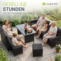 Gartenlounge Manacor schwarz - Sofa, Tisch, Hocker & Kissen - 8 Personen - Sitzbezüge in Grau ^ Juskys Discount