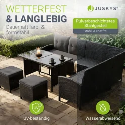 Gartenlounge Manacor schwarz - Sofa, Tisch, Hocker & Kissen - 8 Personen - Sitzbezüge in Grau ^ Juskys Discount